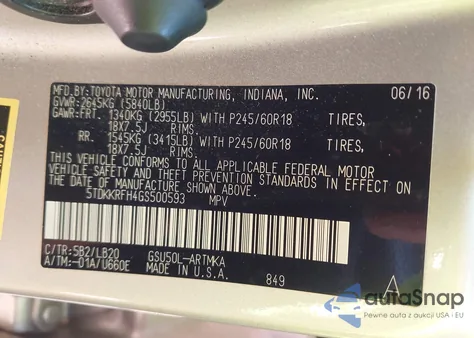 2016 Toyota Highlander Xle V6 from USA, damaged, VIN 5TDKKRFH4GS500593